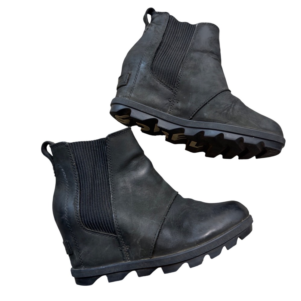 Sorel Joan Rhapsody Chelsea Wedge Boots Black Leather NL3022-010 Womens 6.5